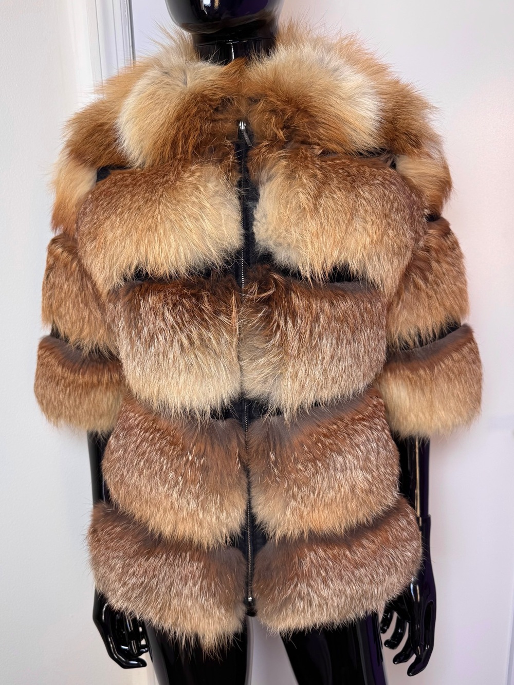 Luxury Genuine Red Fox Fur Jacket Natural Golden Brown Zip Front small